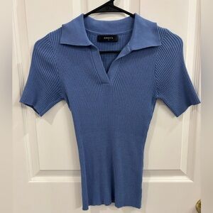 Zesica Blue Ribbed Polo Short Sleeve Top